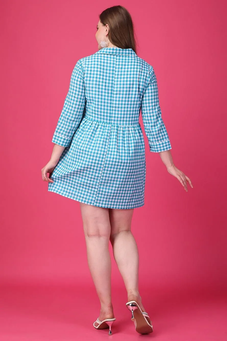 Blue Checked Front Buttoned Dress