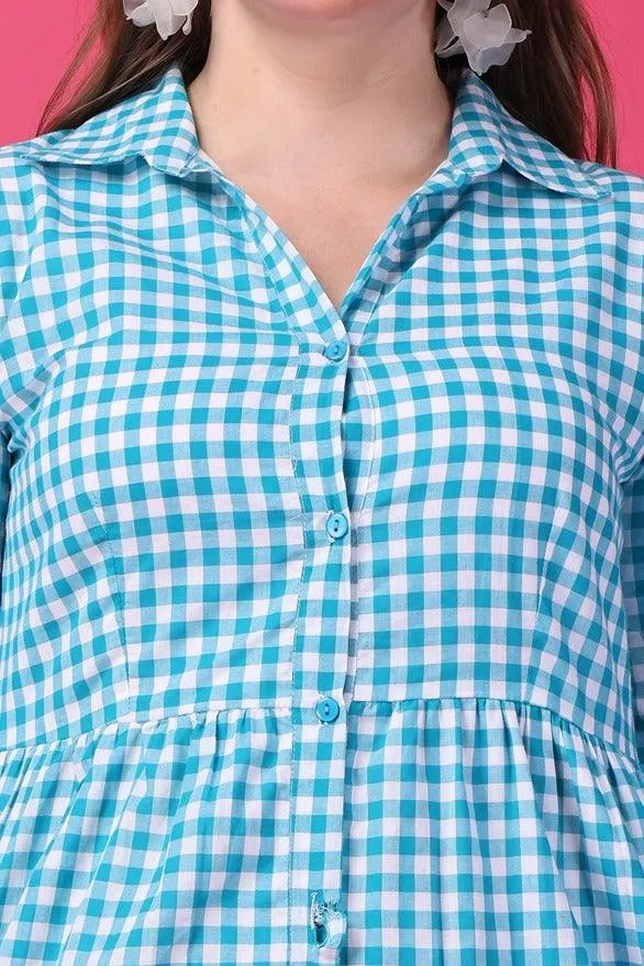 Blue Checked Front Buttoned Dress