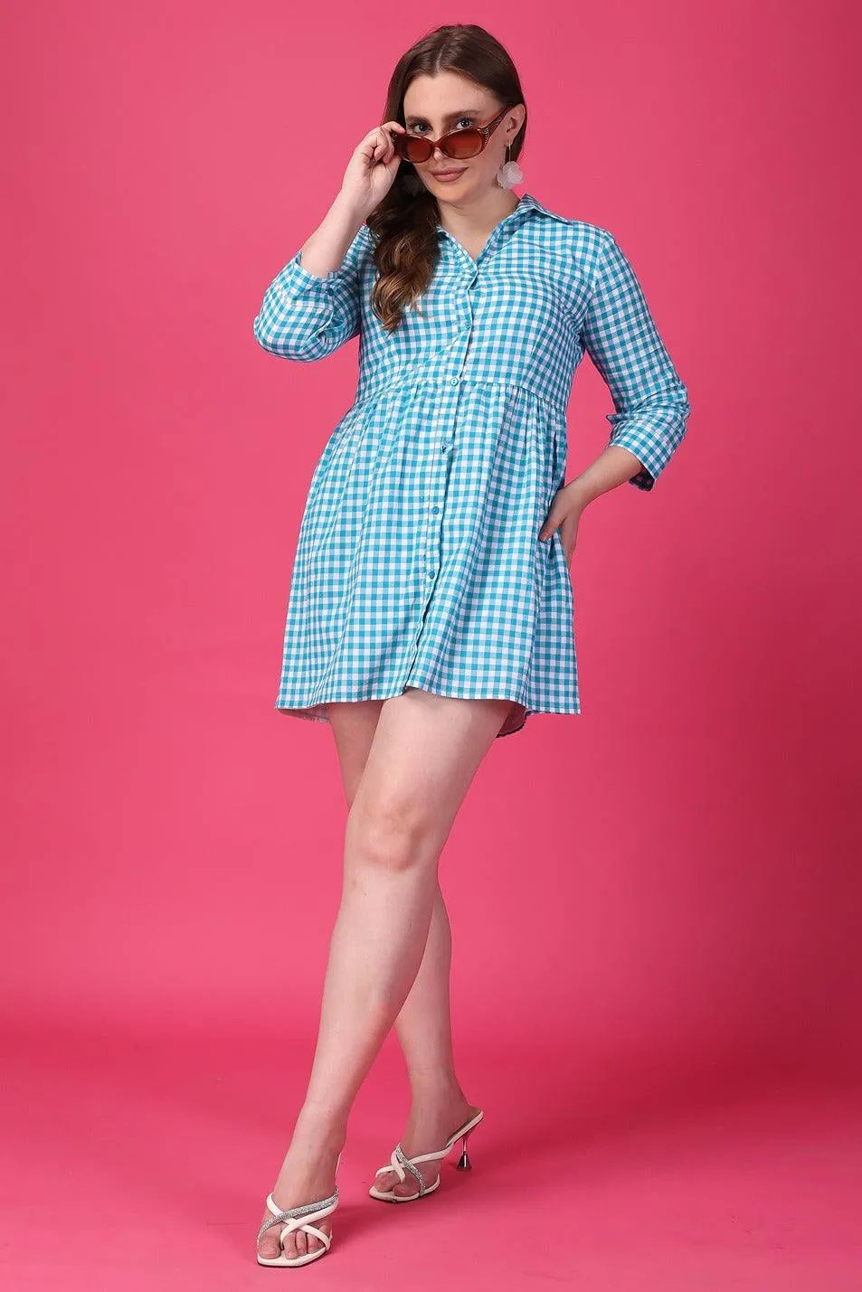 Blue Checked Front Buttoned Dress