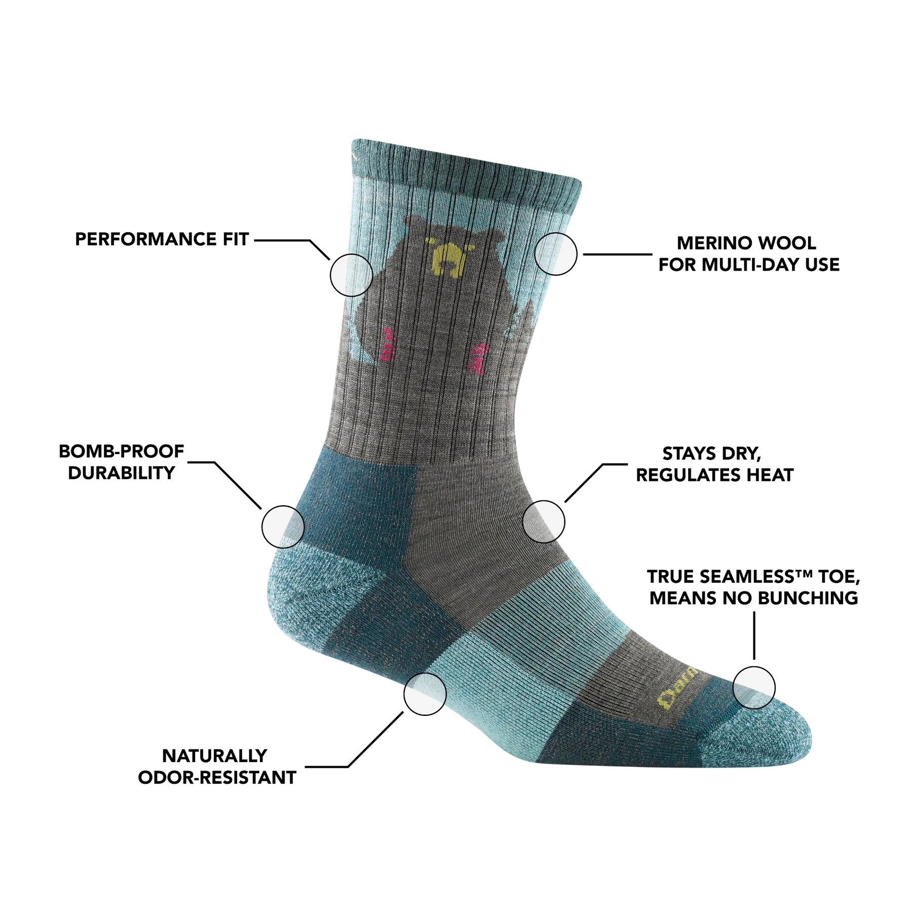 Darn Tough Women's Bear Town Micro Crew Lightweight Hiking Sock - Aqua
