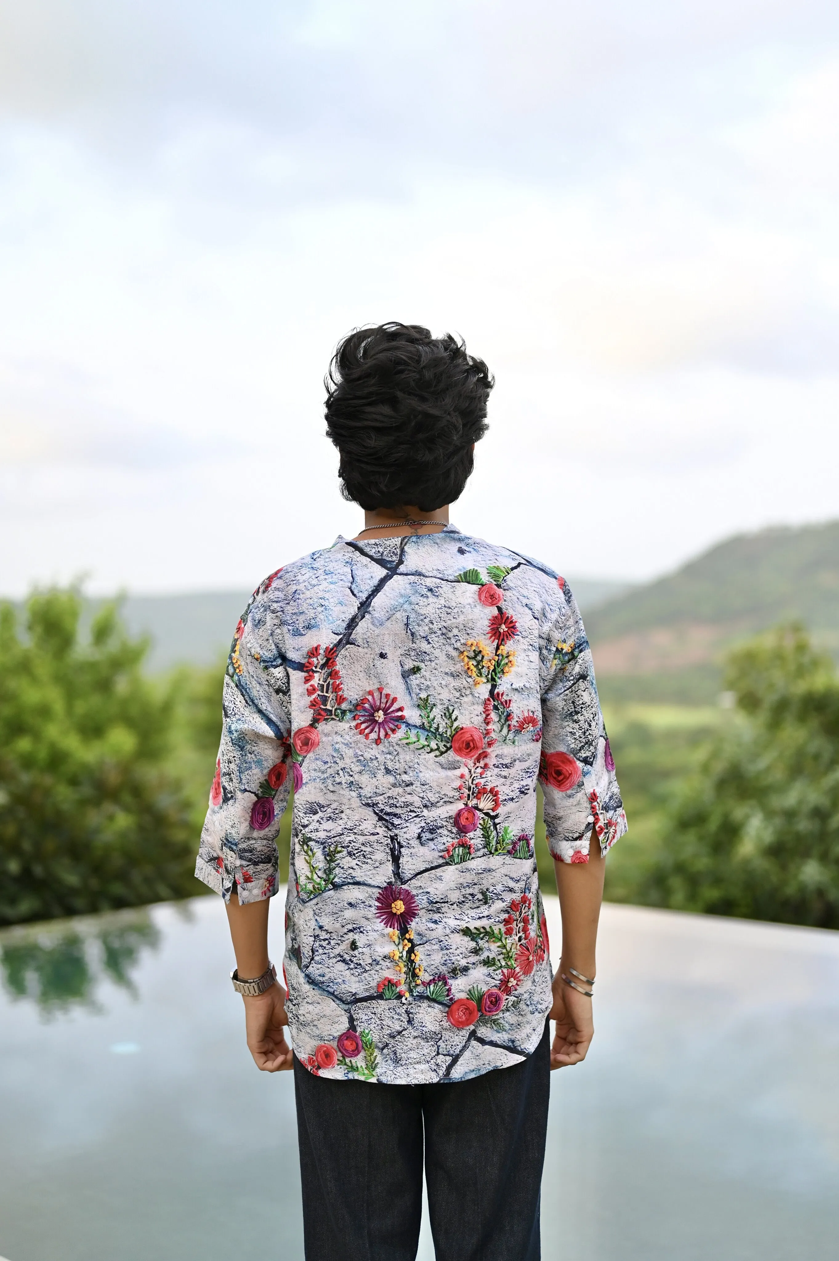 "Blooming Elegance : Nature's Beauty with Vibrant Floral Paradise - 3/4 Sleeve Kurta Style Shirt