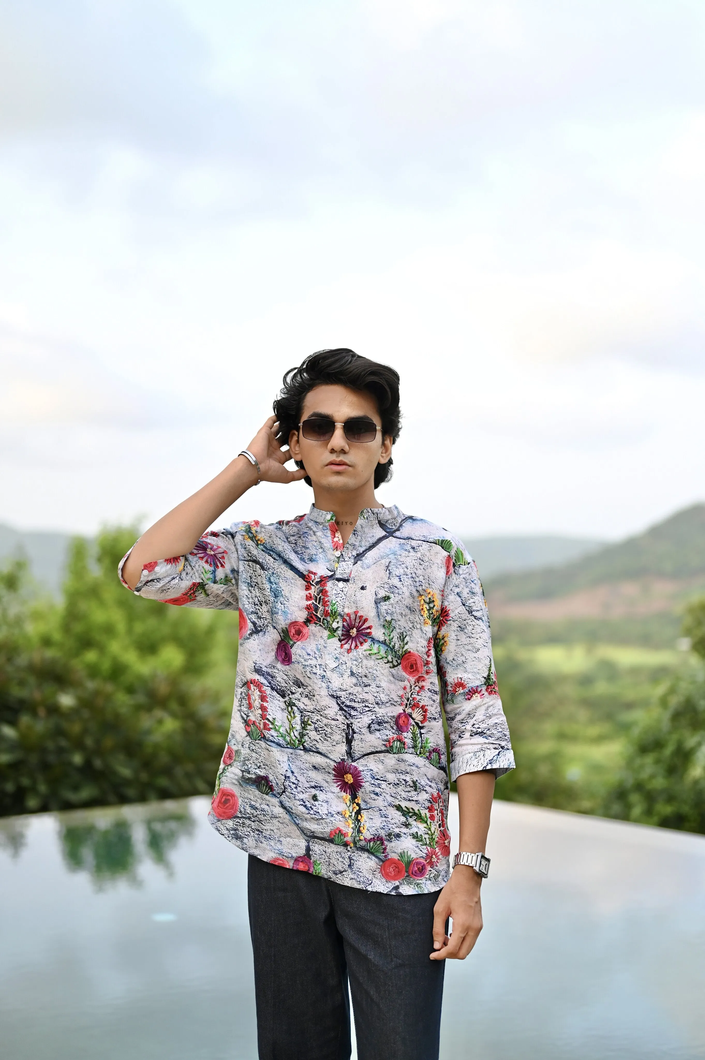 "Blooming Elegance : Nature's Beauty with Vibrant Floral Paradise - 3/4 Sleeve Kurta Style Shirt