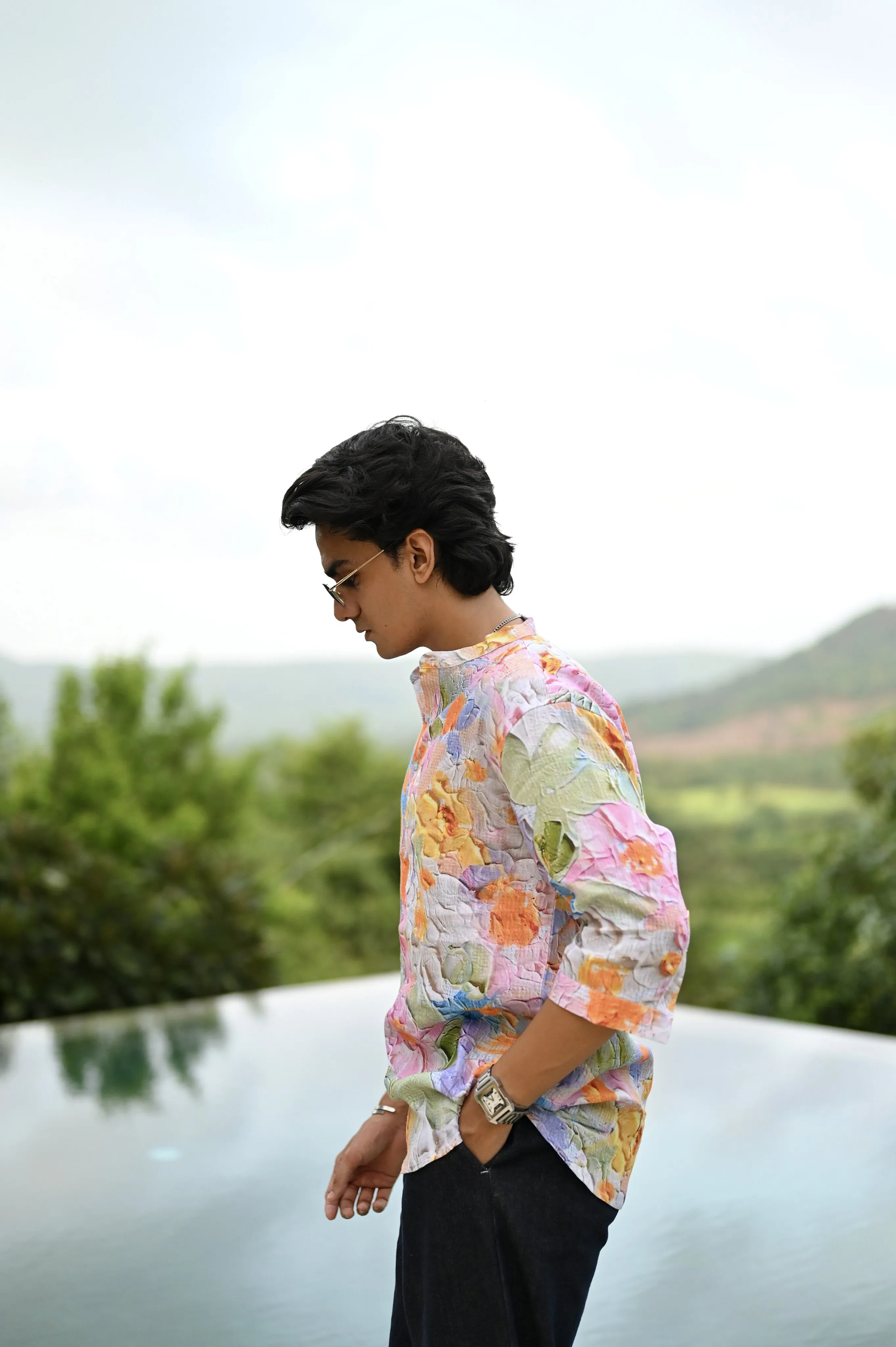 "Botanical Bliss : Vibrant Floral Paradise Blooms - 3/4 Sleeve Kurta Style Shirt"
