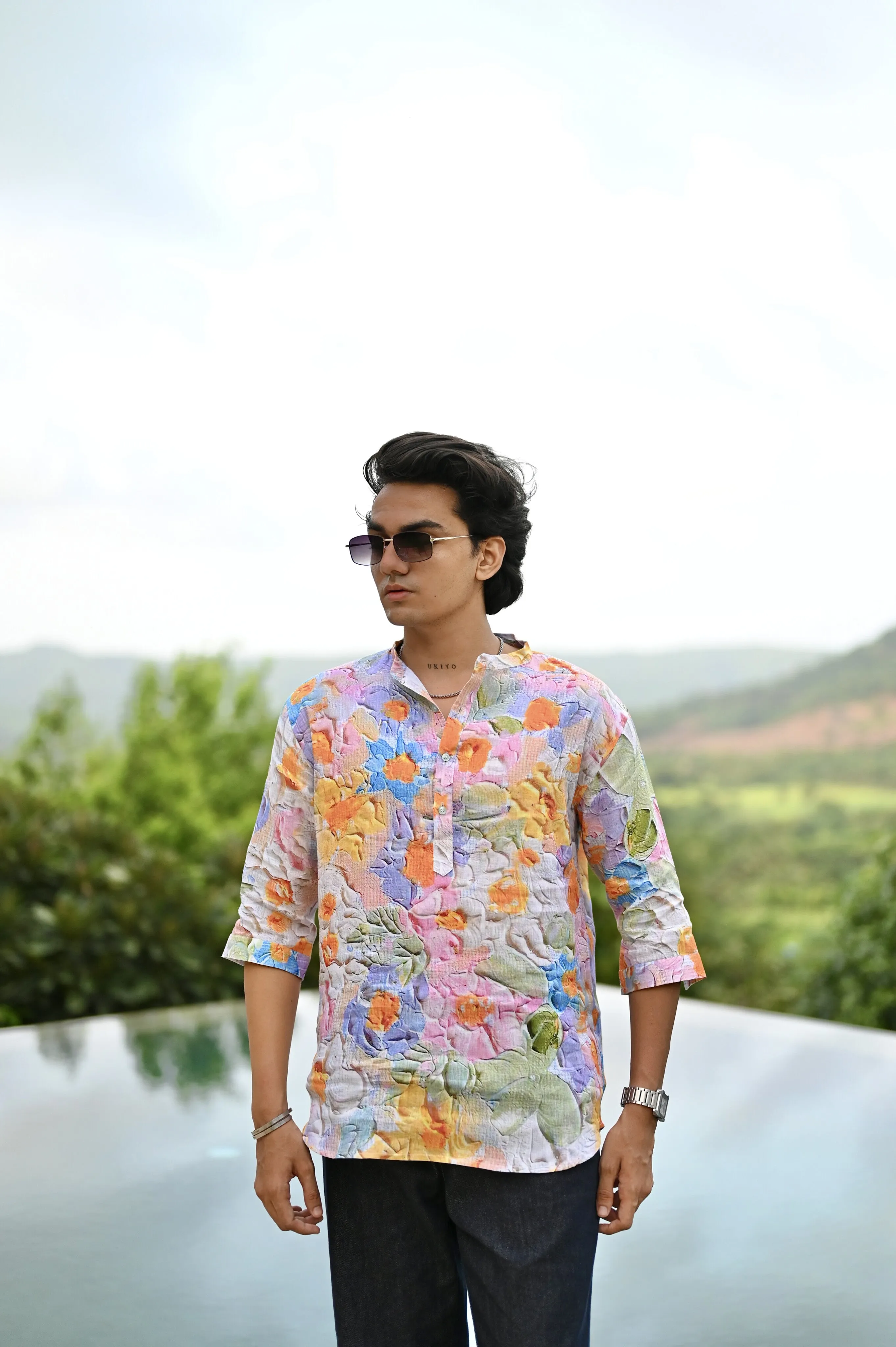 "Botanical Bliss : Vibrant Floral Paradise Blooms - 3/4 Sleeve Kurta Style Shirt"