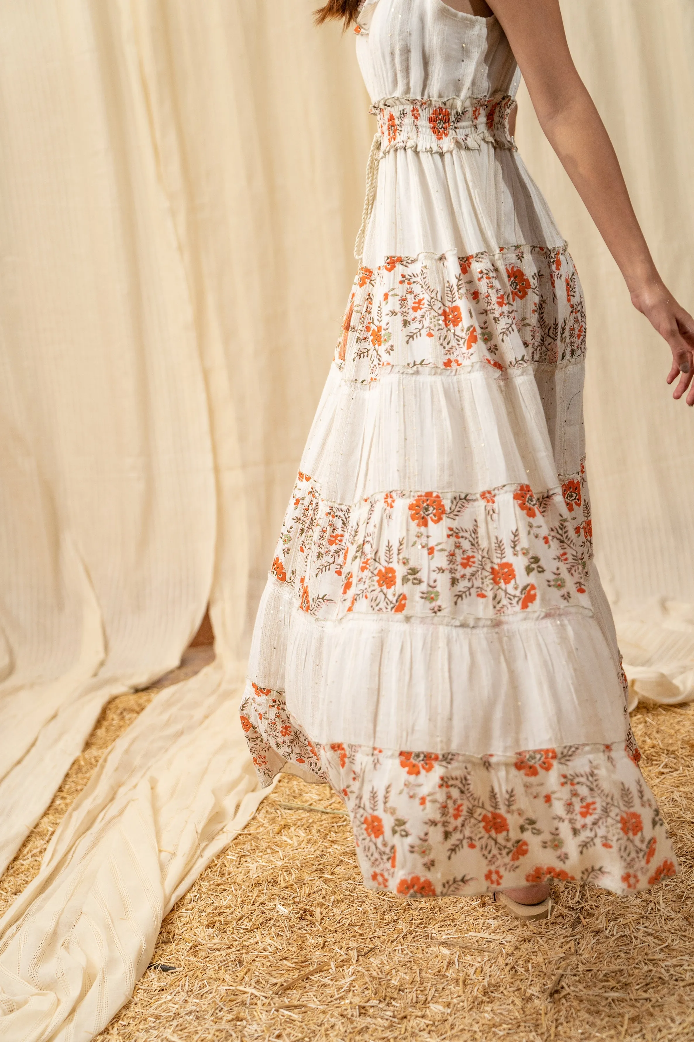 Sunset White Orange Tiered Maxi