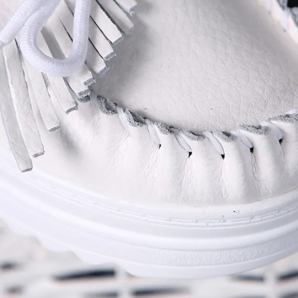 White Genuine Leather Tassel Heightening Platform Shoes