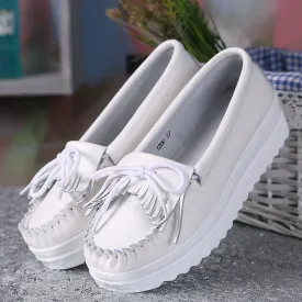 White Genuine Leather Tassel Heightening Platform Shoes
