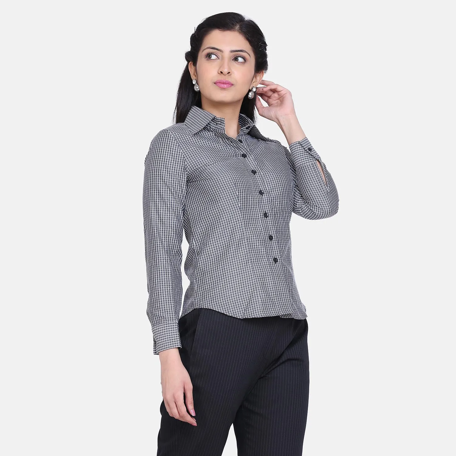Women's Work Grey Check Collared Cotton Shirt